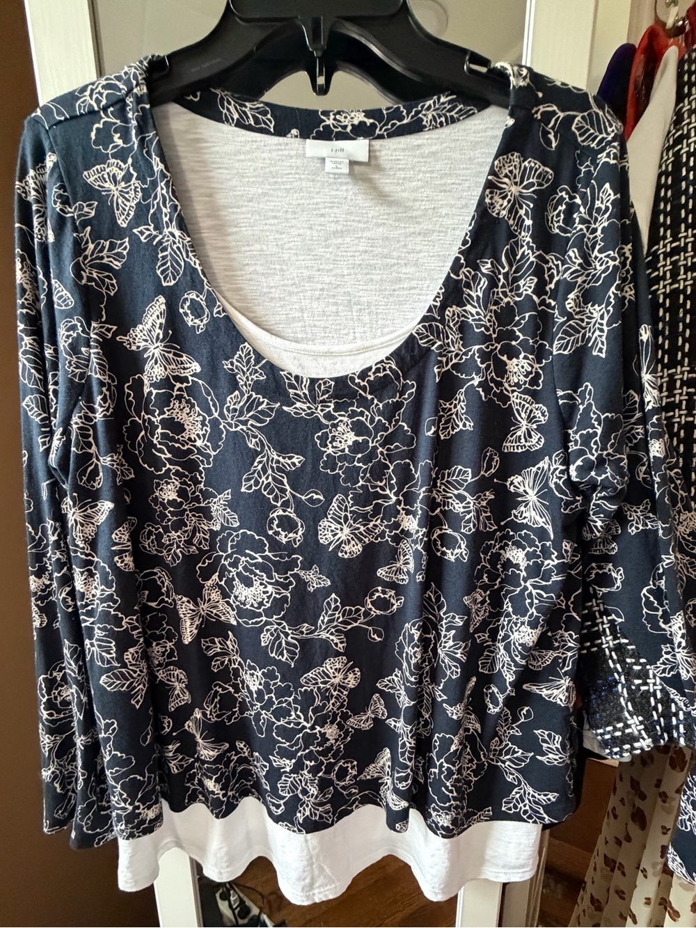 J. Jill Navy Blue Floral Layered Scoop Neck Long Sleeve Top, Like new